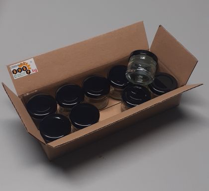 10 PIECES BhBp empty glass jars 25 ml. with black caps TO 43 mm